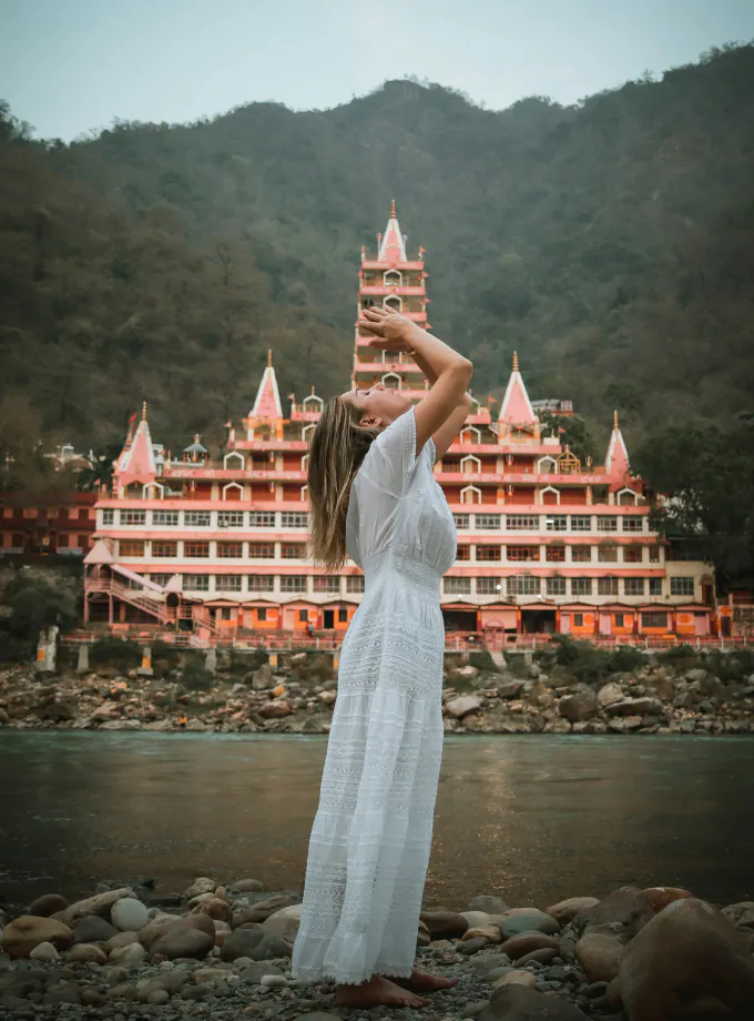 Scenic spiritual landscape and Himalayan ashram sanctuary in Rishikesh