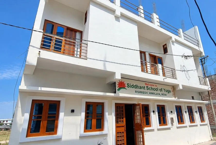 Ashram building exterior at Siddhant School of Yoga in Rishikesh