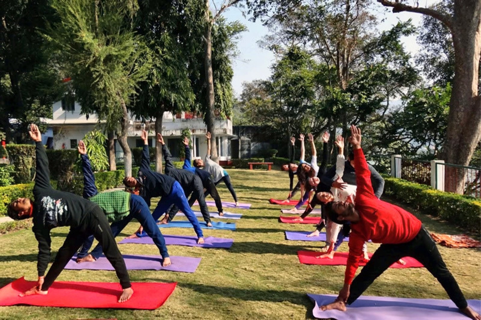 Group practicing triangle pose in the garden yoga retreat