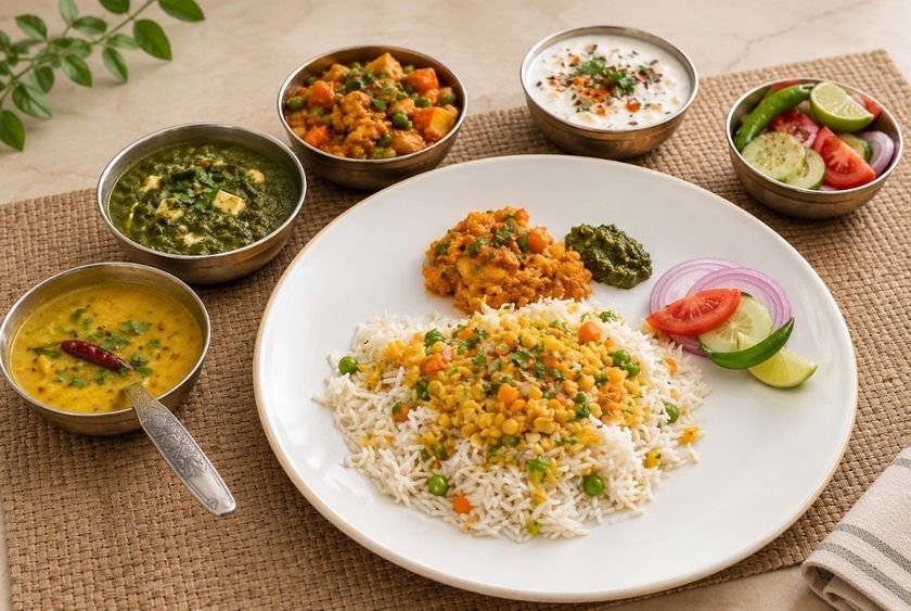 Vegetarian lunch thali served at Siddhant School of Yoga in Rishikesh